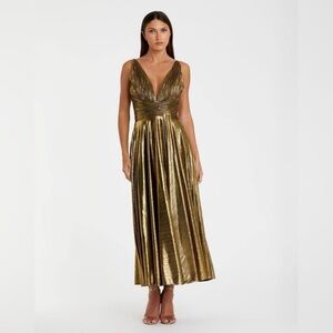 Mac Duggal 30761 Gold Sleeveless V Neck Pleated Top Metallic Dress